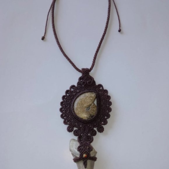 Peruvian adjustable macramé necklace with ammonite and fossil tooth